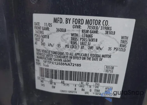 2006 Ford F-150 Lariat/Xl/Xlt from USA, damaged, VIN 1FTPX12556NA72185